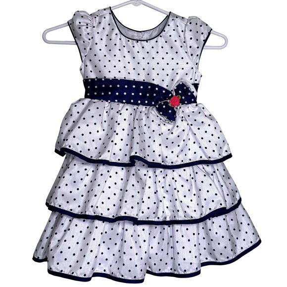 Jona Michelle Other - Jona Michelle Toddler Girls White Navy Polka Dot Tiered Fancy Party Dress 4T